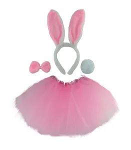 Pink bunny costume set detail view featuring fluffy ears headband, bow tie and tutu skirt for party