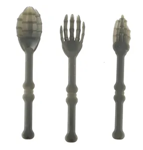 Halloween skeleton cutlery set, plastic spooky spoon fork knife for party table decor.