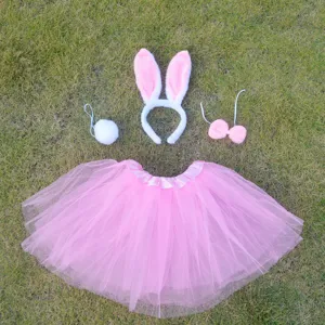 Pink Rabbit Ear Headband Bow Tail And Mesh Tutu Skirt Set For Holiday Party Costume Dress Up Cosplay Accessories