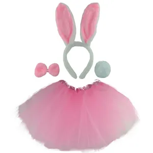 Pink bunny costume set with cute rabbit ear headband, bow tie, tail, and pink tutu skirt.