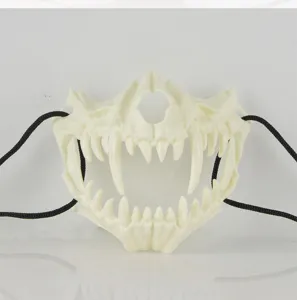 Halloween spooky animal skull half face mask with fangs horror cosplay party prop close up view