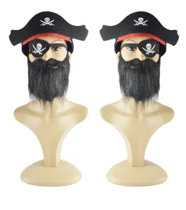 Halloween pirate costume set featuring captain hat eye patch and long black beard props.