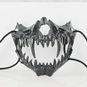 Halloween scary demon half mask black skull fangs prop for party costume cosplay event.