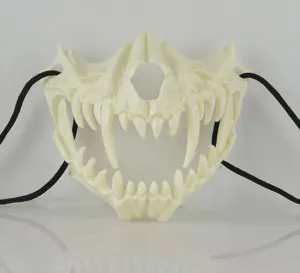 Halloween bone skull mask detail view, scary animal jaw cosplay prop costume accessory.