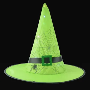 Chapeau de sorcière vert lumineux LED Halloween toile d'araignée fête costume détail
