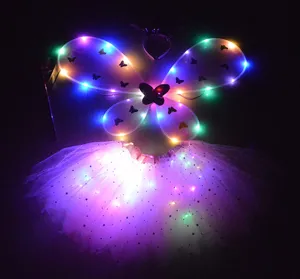 LED light up butterfly wings tutu skirt set kids fairy costume party props glowing dress