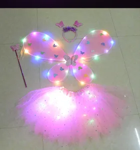 Kids LED butterfly wings costume set with light up tutu skirt, headband and magic wand.
