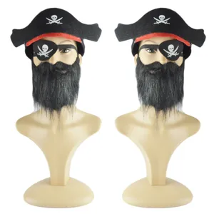 Halloween pirate costume accessories set including hat, eye patch, and black beard for party.