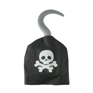 Halloween pirate costume accessory plastic hook with black skull print fabric cap.