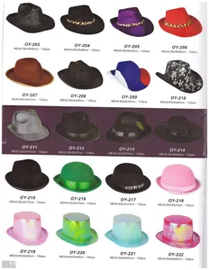 Collection of stylish party fedora hats and costume jazz hats with multiple colors and sizes.