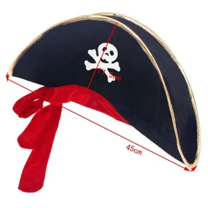 Detailed view of the Halloween pirate hat featuring classic skull emblem and red ribbon trim.