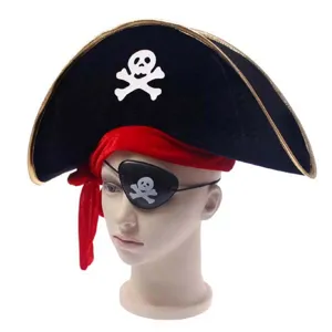 Halloween pirate hat detail display, classic skull pattern and red ribbon cosplay prop.