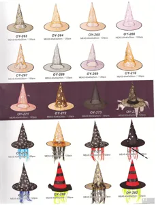 Halloween witch hat catalog details showing various pointy styles and assorted patterns.