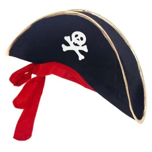 Detailed view of the black pirate hat with gold trim, skull logo and red ribbon, perfect for cosplay.
