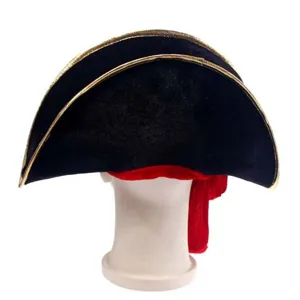 Close-up detail of black pirate hat with gold trim and red sash for Halloween costume party.