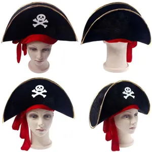 Halloween Pirate Hat Velvet Black Gold Trim Red Ribbon Skull Costume Prop Party Cosplay Hat For Adults Unisex Performance