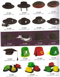Halloween party costume hats assortment catalog with various styles and carton sizing specs.