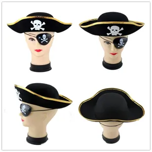 Halloween Pirate Hat Velvet Skull Print Pirate Costume Hat Gold Silver Trim Party Cosplay Dress Up Accessories