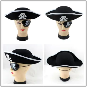 Halloween black pirate hat with skull eye patch set, perfect for cosplay and party costume.