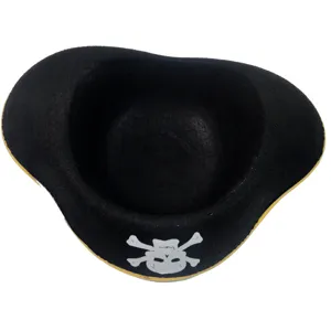 Black tricorn pirate hat for Halloween costume party with white skull crossbones and gold trim.