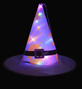 Chapeau de sorciere lumineux LED pour decoration de fete Halloween, accessoire violet.
