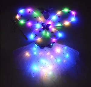 Details of LED light up butterfly wings fairy costume with glowing skirt and magic wand.