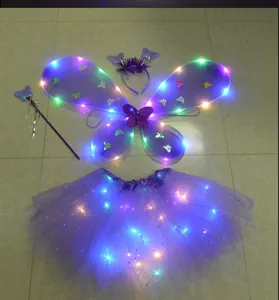 Details of the glowing butterfly wings skirt set, featuring colorful LED lights for kids.