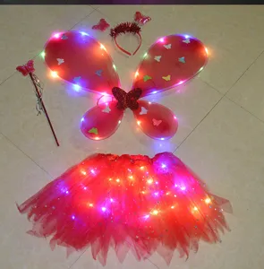 LED glowing butterfly wings costume set for kids, light up fairy wings skirt wand party.