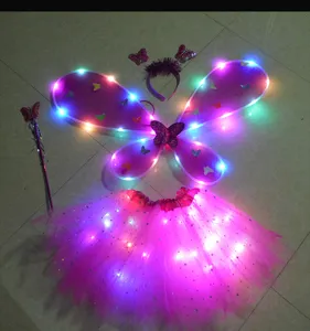 LED glowing butterfly wings set for kids, fairy costume with light up tutu skirt wand.