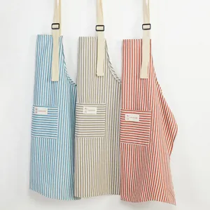 Cotton Linen Kitchen Apron Waterproof Oil-proof Striped Chef Cooking Apron With Pockets Adjustable Bib Aprons For Women