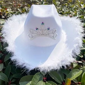 Gedetailleerde close-up van de witte veren cowboyhoed met schitterende strass tiara.