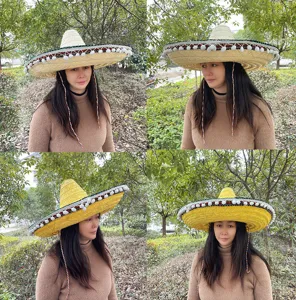 Mexican sombrero straw hat with pom poms festive party costume tribal woven headwear for adults