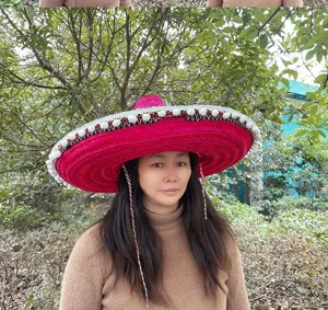 Vibrant pink Mexican straw hat detail with wide brim, white pom-poms, and festive chin straps.
