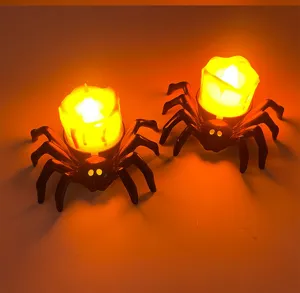 Halloween LED spider candle light set, spooky glowing electronic candles for party decoration.