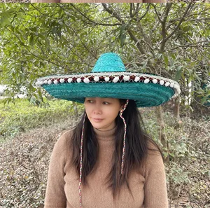 Mexican straw sombrero hat with pom pom trim colorful woven outdoor party festival hat