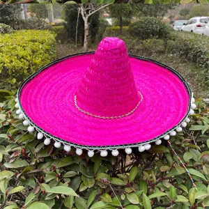 Vibrant pink Mexican sombrero hat with pom pom fringe, ideal for festive party and dance events.