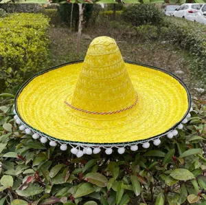 Mexican straw hat yellow pointy festival party sombrero with colorful braid and cute pom poms