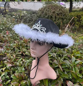 Black western cowboy hat with white feather trim and rhinestone crown for party stage wear.