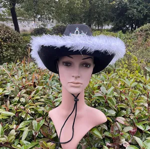 Black western cowboy hat with white feather trim and crown detail for stage performance parties.