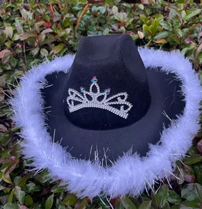 Black western cowboy hat with white feather brim and rhinestone crown for party and stage show