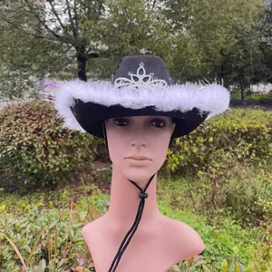 Black western cowboy hat with white feather trim and rhinestone crown for party stage events