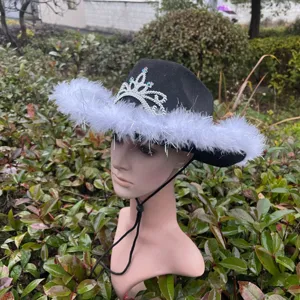Black Western cowboy hat with white feather trim and rhinestone tiara crown for party stage.