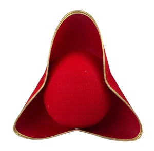 Red pirate captain hat with gold trim, detailed view for Halloween cosplay and dress up party.