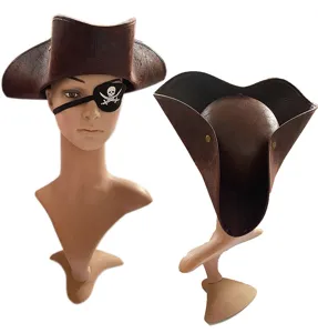 Halloween pirate tricorn hat costume prop with skull eyepatch for cosplay party dress up.