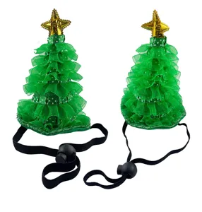 Lindo sombrero de mascota de árbol de Navidad con volantes y estrella, elástico.