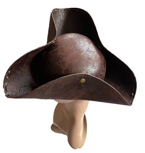 Brown faux leather pirate tricorn hat, perfect for Halloween parties and cosplay events.