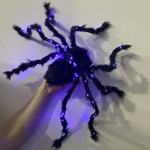 Halloween leuchtende Plueschspinnen Dekoration mit violetten LED Lichtern Gruselparty 30cm