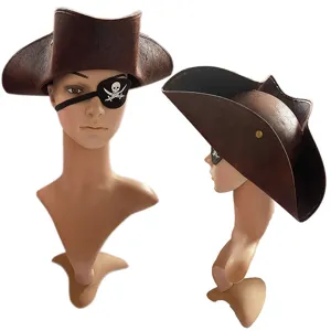 Brown pirate tricorn hat and skull eyepatch detail, ideal for halloween costume party props.