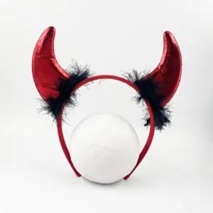 Red devil horns headband with black feathers for Halloween party decoration main view