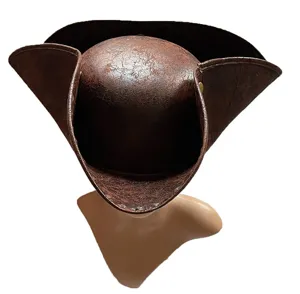 Brown faux leather pirate tricorn hat, classic captain costume accessory for Halloween party.